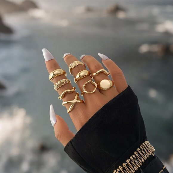 Women Gold Chunky Rings Set Adjustable Knuckle Finger Stackable Fashion Jewelry - Picture 3 of 7